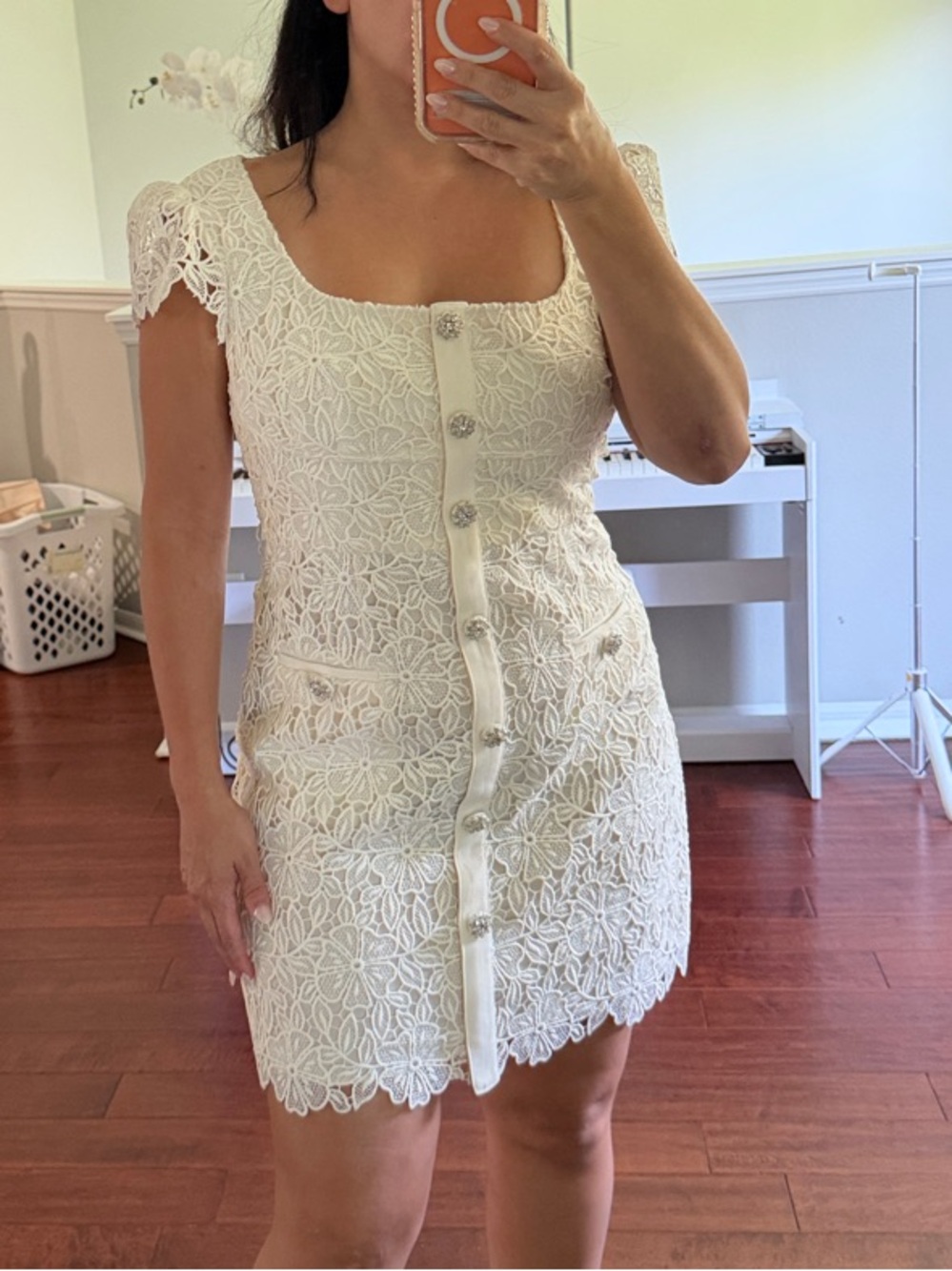 Self-Portrait White Floral Lace Button-Front Mini Dress